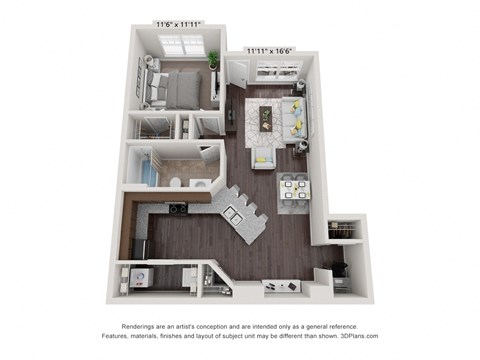 Floor plan for 1 bed, 1 bath, 838 sqft